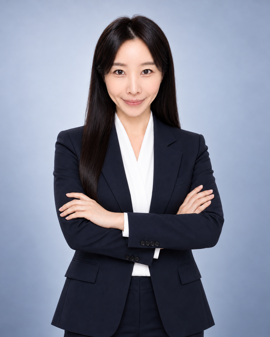 양손과 손목이 자연스럽게 정렬된 팔짱 자세의 HyperKinetics 창업자 겸 대표이사 하채원